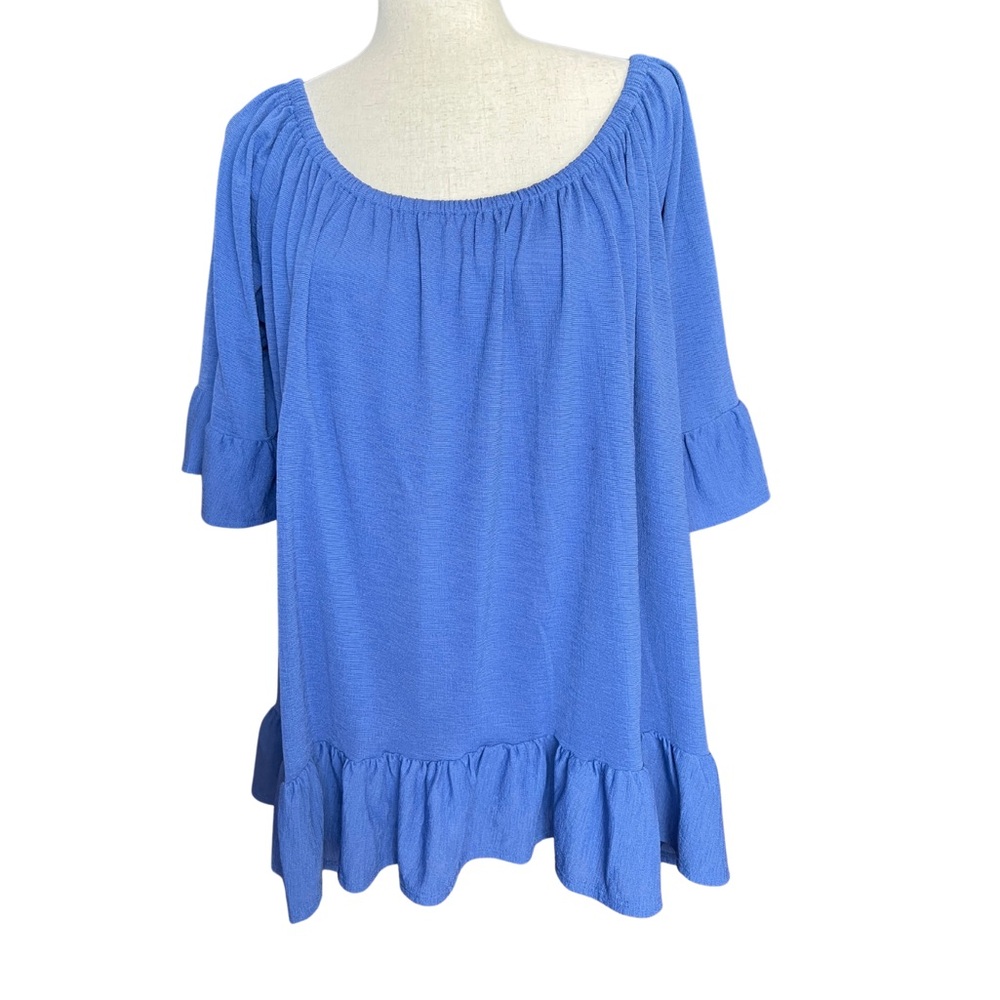 Blue Ruffled 3/4 Sleeve Blouse